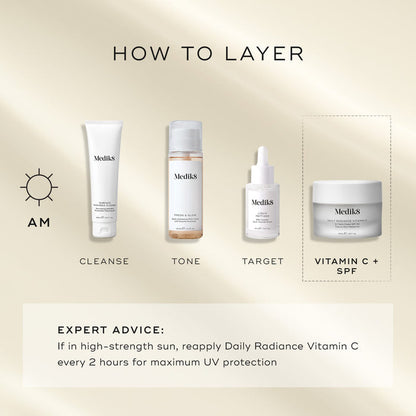 A "How to Layer" AM guide features Medik8 Daily Radiance Vitamin C as the final 'Vitamin C + SPF' step. The routine begins with Surface Radiance Cleanse (Cleanse), followed by Press & Glow (Tone), and Liquid Peptides (Target). Expert advice notes to reapply every 2 hours if in high-strength sun for maximum UV protection.