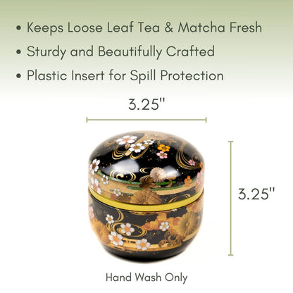 An Infographic description for the Dark Floral Decorative Japanese Matcha Tin.