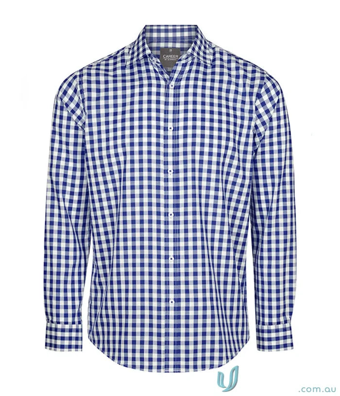 Degraves Royal Oxford long sleeve shirt in blue and white checkered silk protein fabric