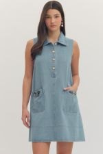 Entro denim horsebit minidress featuring a stylish fit, classic design, and horsebit detail on the front.