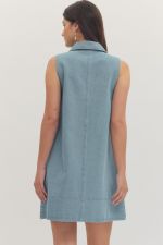 Blue denim horsebit minidress by Entro featuring a fitted silhouette and stylish front detailing.