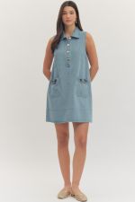 Entro denim horsebit minidress featuring a fitted silhouette, short length, and stylish horsebit detail on the front.