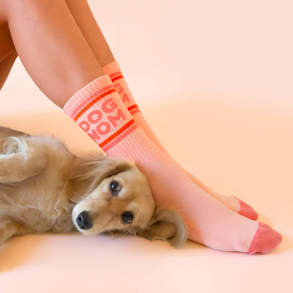 Dog Mom striped ribbed crew socks by Sunshine Studios featuring blue and white horizontal stripes and a cozy knit texture.