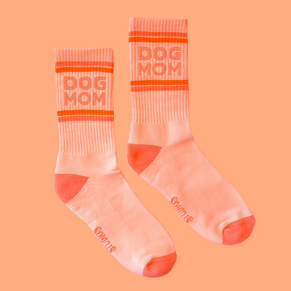 Dog Mom striped ribbed crew socks by Sunshine Studios, showing navy and white knit design with cozy ribbed texture.
