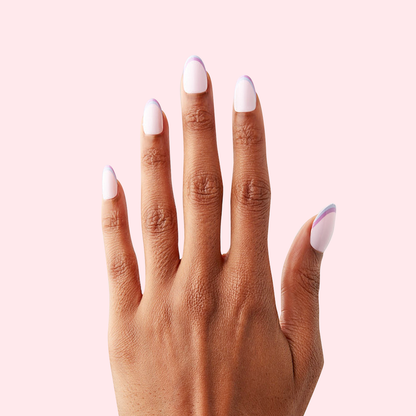 Double French - Press-On | Medium | Oval showing medium oval false nails with two-tone pastel french tip manicure design on hand