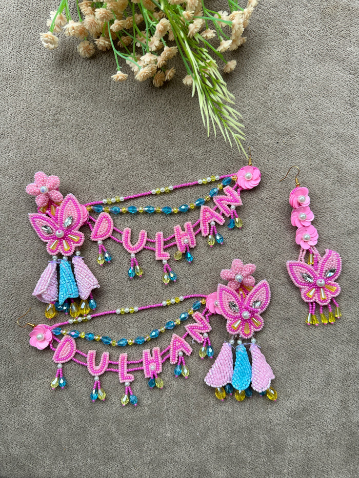 Dulhan Beaded Earring Tikka Set Pink Ferozi