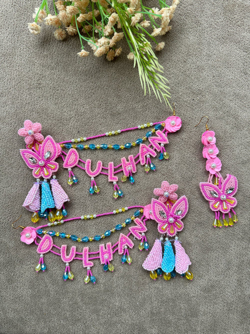 Dulhan Beaded Earring Tikka Set Pink Ferozi