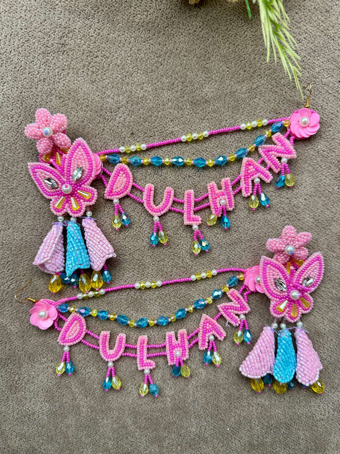 Dulhan Beaded Earring Tikka Set Pink Ferozi