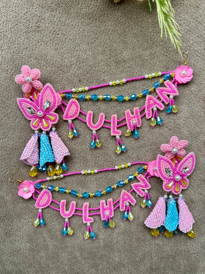 Dulhan Beaded Earring Tikka Set Pink Ferozi