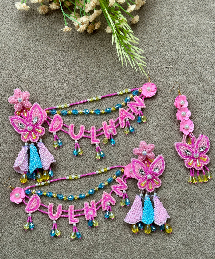 Dulhan Beaded Earring Tikka Set Pink Ferozi
