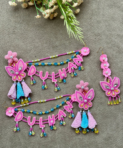 Dulhan Beaded Earring Tikka Set Pink Ferozi