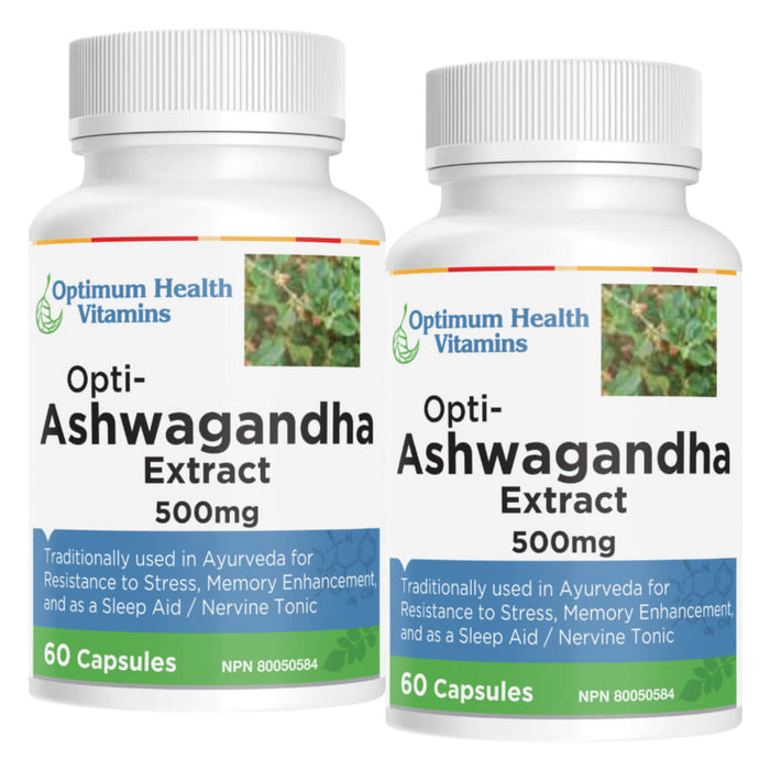 Duo Pack of Optimum Health Vitamins Opti-Ashwagandha Extract 500mg 60 Capsules + 60 Capsules