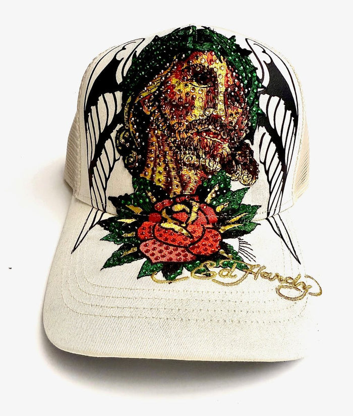 Ed Hardy Christ Rhinestone Trucker Hat - Ivory