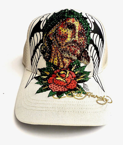 Ed Hardy Christ Rhinestone Trucker Hat - Ivory