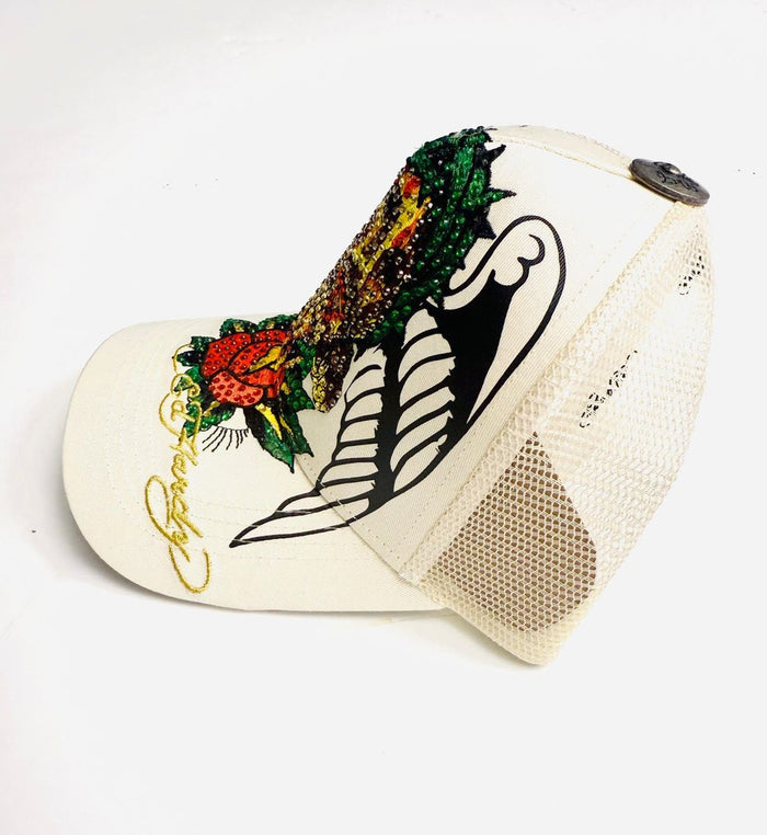 Ed Hardy Christ Rhinestone Trucker Hat - Ivory