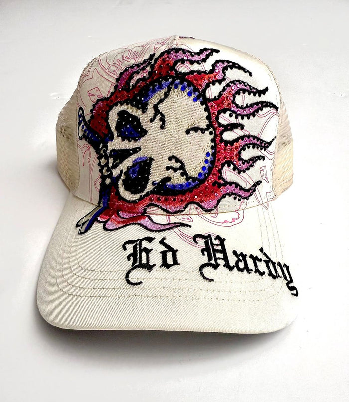 Ed Hardy Flame Skull Trucker Hat - Ivory