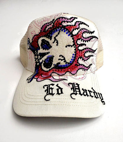 Ed Hardy Flame Skull Trucker Hat - Ivory
