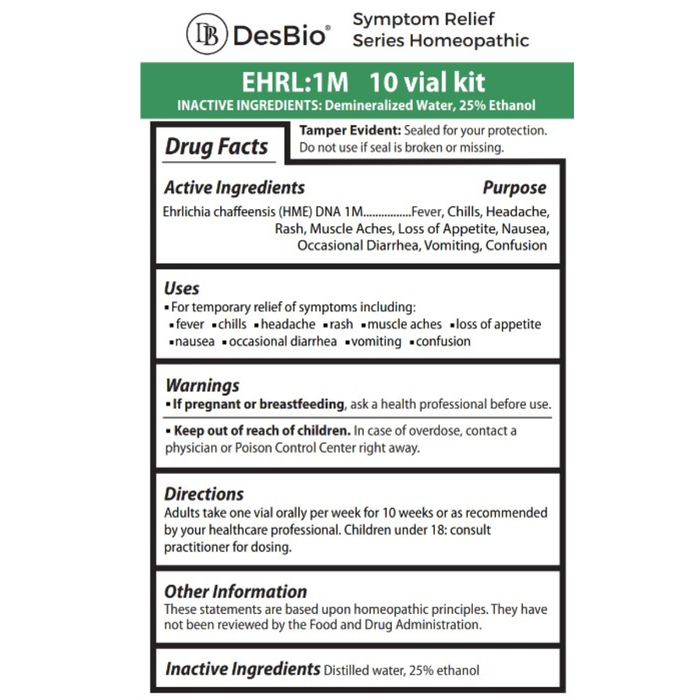 EHRL:1M homeopathic formula by DesBio for temporary relief of fever, chills, headache, rash, and related symptoms.