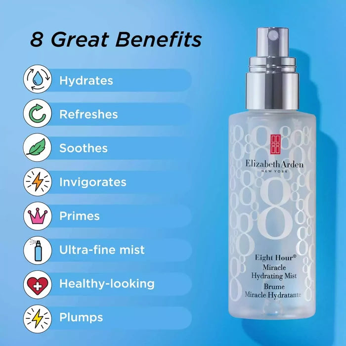 8 Great Benefits- hydrates, refreshes, soothes, invigorates, primes, ultra-fine mist, healthy-looking and plumps