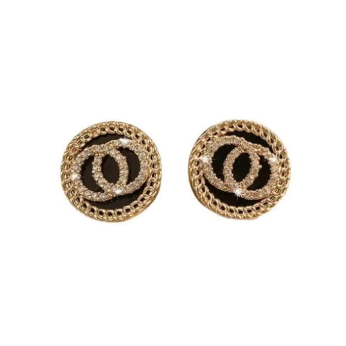 Elegant Black Enamel & Crystal Double Circle Women Stud Earrings Fashion Jewelry