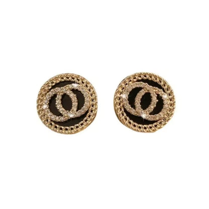 Elegant Black Enamel & Crystal Double Circle Women Stud Earrings Fashion Jewelry