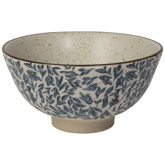 Large ceramic bowl, speckled beige interior, blue leaf pattern exterior