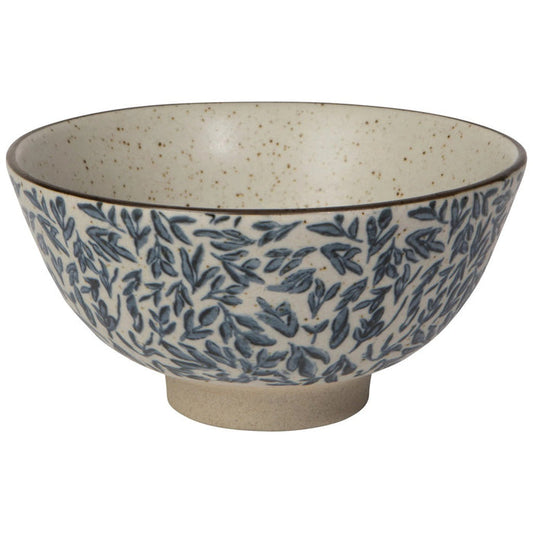 Large ceramic bowl, speckled beige interior, blue leaf pattern exterior