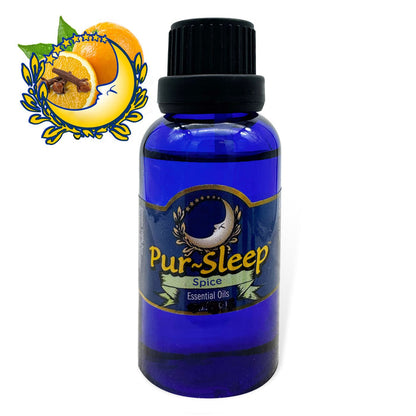Blue bottle of Pur-Sleep Spice essential oils with a decorative label on a white background