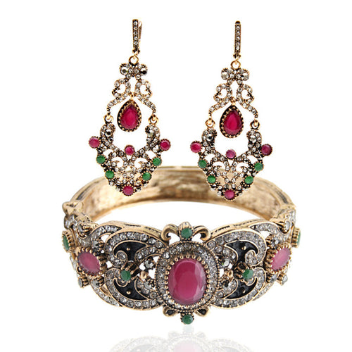 Ethnic Style Red Green Crystal Long Dangle Earrings with Bangle Bracelet Fashion Jewelry Set