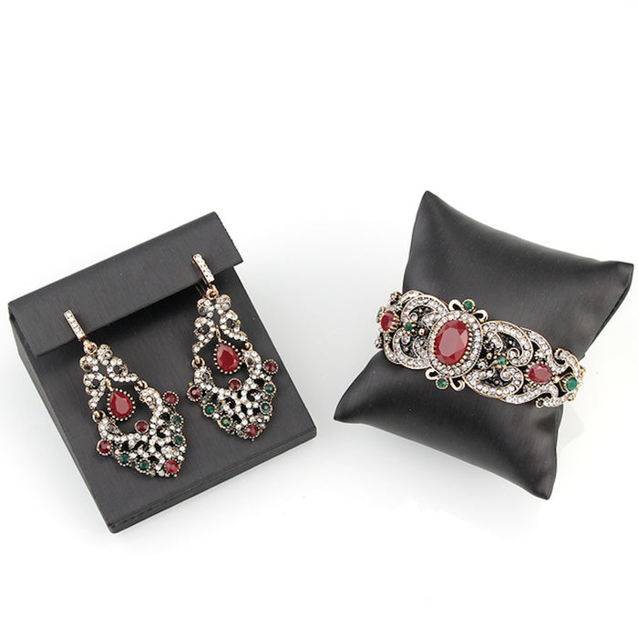 Ethnic Style Red Green Crystal Long Dangle Earrings with Bangle Bracelet Fashion Jewelry Set