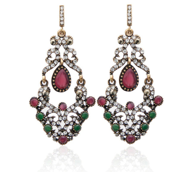 Ethnic Style Red Green Crystal Long Dangle Earrings with Bangle Bracelet Fashion Jewelry Set