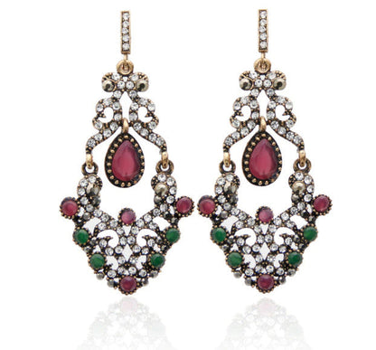 Ethnic Style Red Green Crystal Long Dangle Earrings with Bangle Bracelet Fashion Jewelry Set