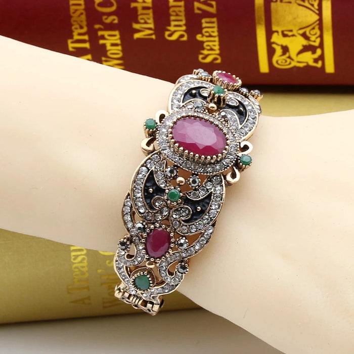 Ethnic Style Red Green Crystal Long Dangle Earrings with Bangle Bracelet Fashion Jewelry Set