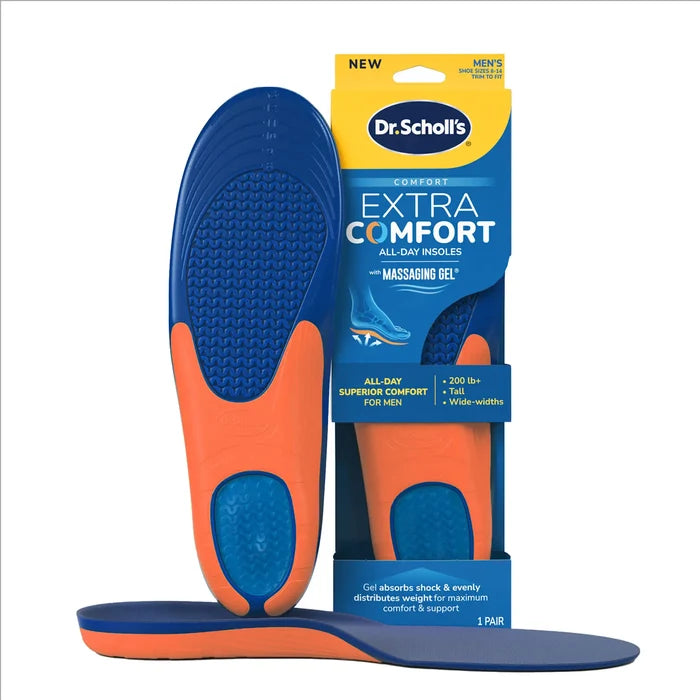 Pair of men’s gel insoles with blue wave-texture top and orange cushioned heel