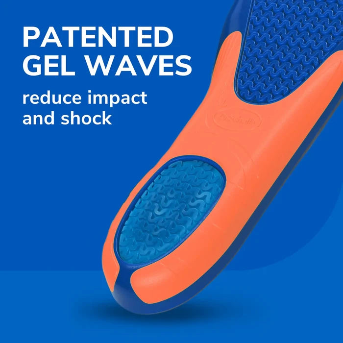 Close-up gel insole with blue wave pattern, orange cushioning, and padded heel
