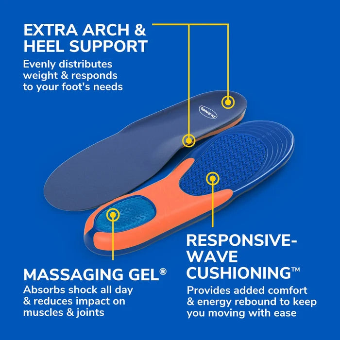 Blue and orange gel insoles showing arch support and wave-textured cushioning