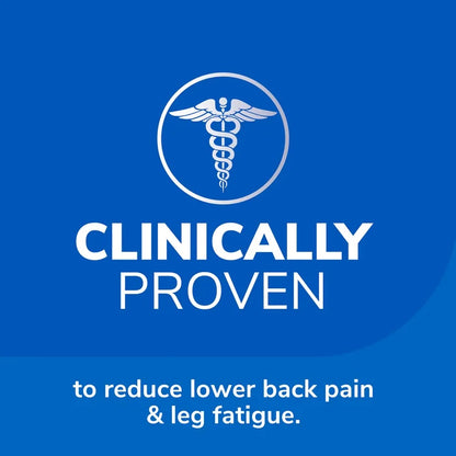 Blue infographic with caduceus icon and clinically proven claim for pain reduction