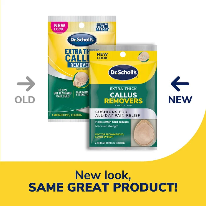 Dr. Scholl's Extra Thick Callus Removers box packaging, new look vs old look
