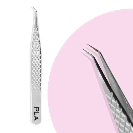 Fiber tip lash tweezers from Paris Lash Academy: 45 Degree Volume, Regular 12cm (front view and close up view of the tip)