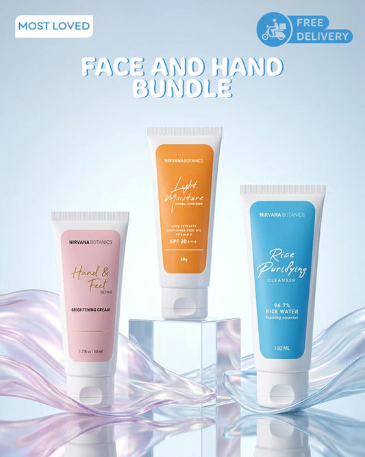 Nirvana Botanicals face and hand bundle featuring three skincare tubes: Light Moisture SPF 50+ in orange, Hand & Foot Brightening Cream in pink, and Rice Purifying Cleanser in blue, displayed on pedestals with a light blue background and promotional badges.