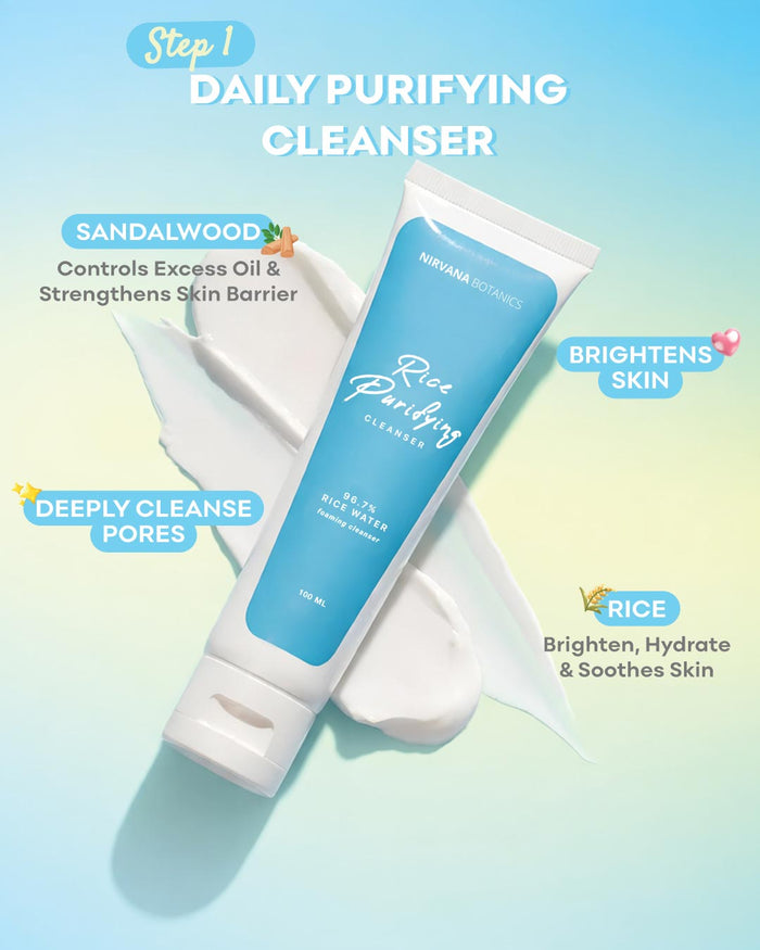 A tube of NoruMia Cosmetics Rice Purifying Cleanser is shown diagonally on a stylized background with text callouts describing its benefits: sandalwood controls excess oil, rice brightens skin, and it deeply cleanses pores. The background is a soft gradient from light blue to pale yellow-green.