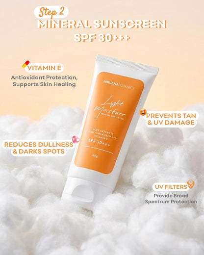 A squeeze tube of NIRIMARO'S Light Moisture Mineral Sunscreen SPF 30+++ standing upright on fluffy white cotton against a soft peach background, with marketing text callouts around it.