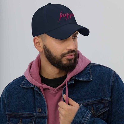 faggot navy  twill dad hat on man