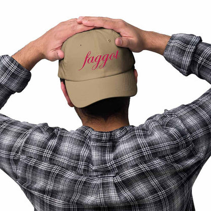 faggot khaki twill dad hat on man