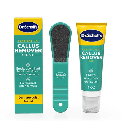 Dr. Scholl's Fast-Acting callus remover gel kit box, gel tube, and teal foot file