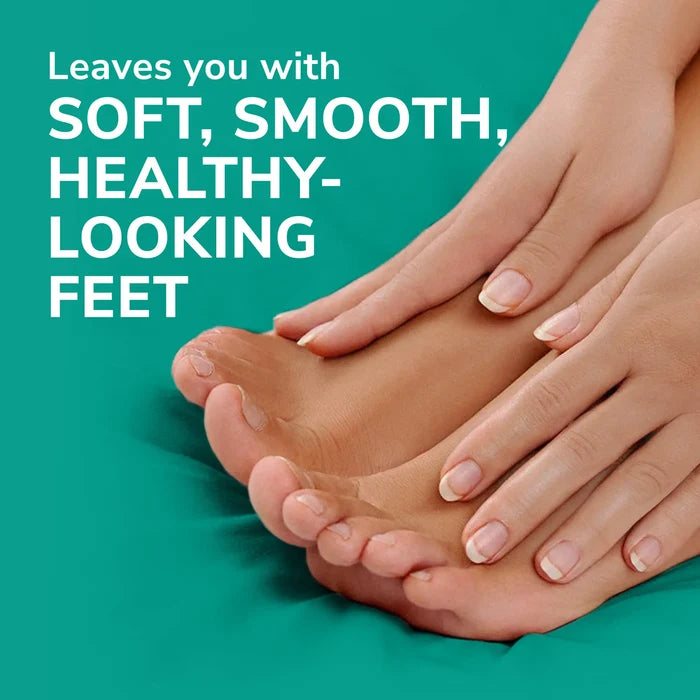 Bare feet with callus remover gel spread on skin