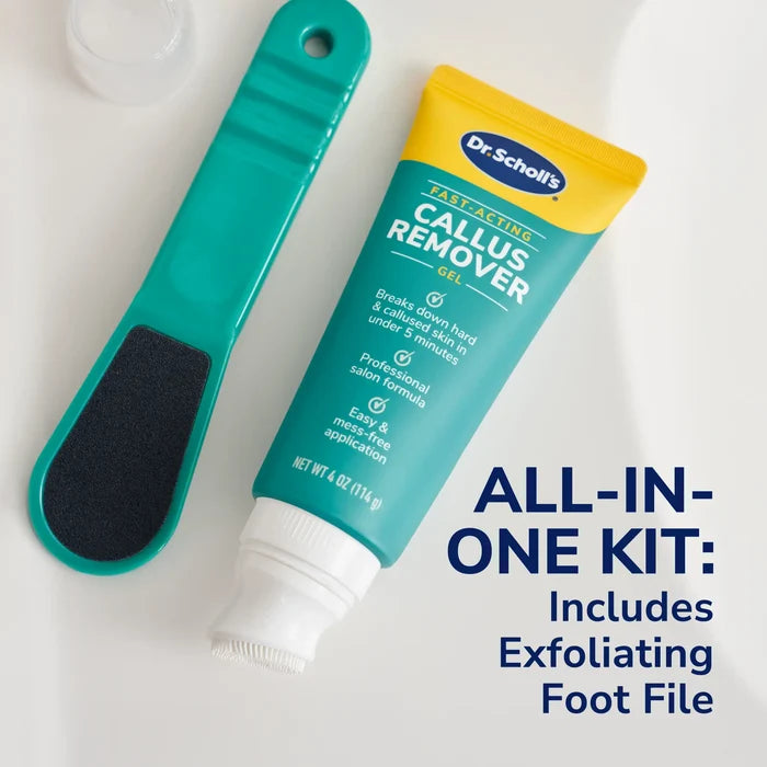 Teal exfoliating foot file and yellow callus remover gel tube, all-in-one kit