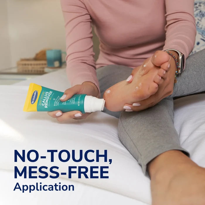 Callus remover gel being applied to a foot with teal applicator