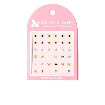 Feeling Groovy nail art stickers pack with sunflowers, paisley patterns, and ladybug designs by Olive and June