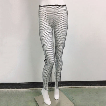 Fishnet Slit Pants Rhinestone Mesh Stretch Leggings 🇨🇳